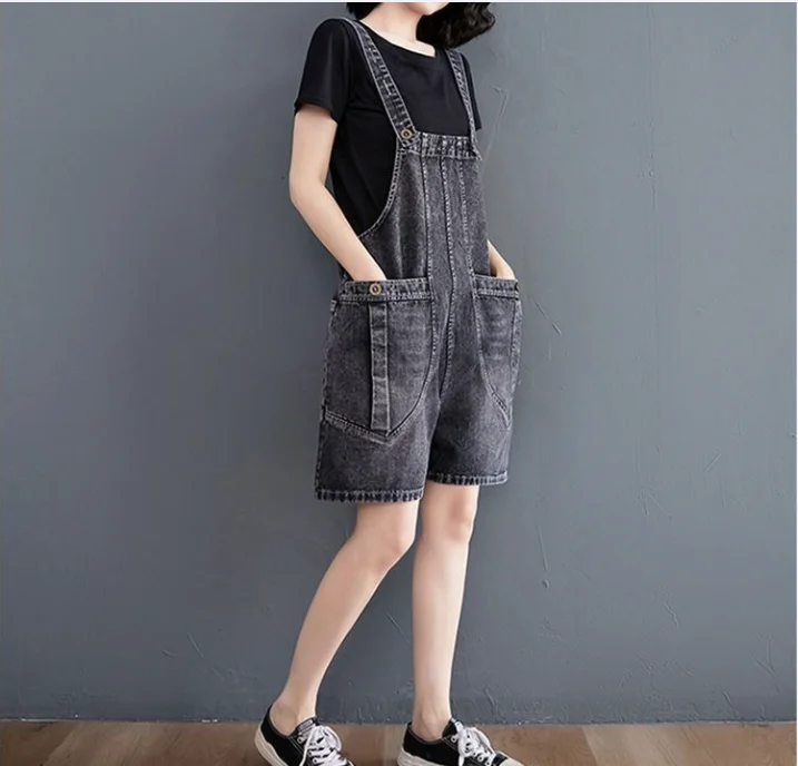 Jeans Suspender Longgar Jumpsuit Jeans Tanpa Lengan Wanita Overall Denim Pakaian Jalanan Musim Panas Baru Celana Pendek Denim Kaki Lebar Solid Longgar