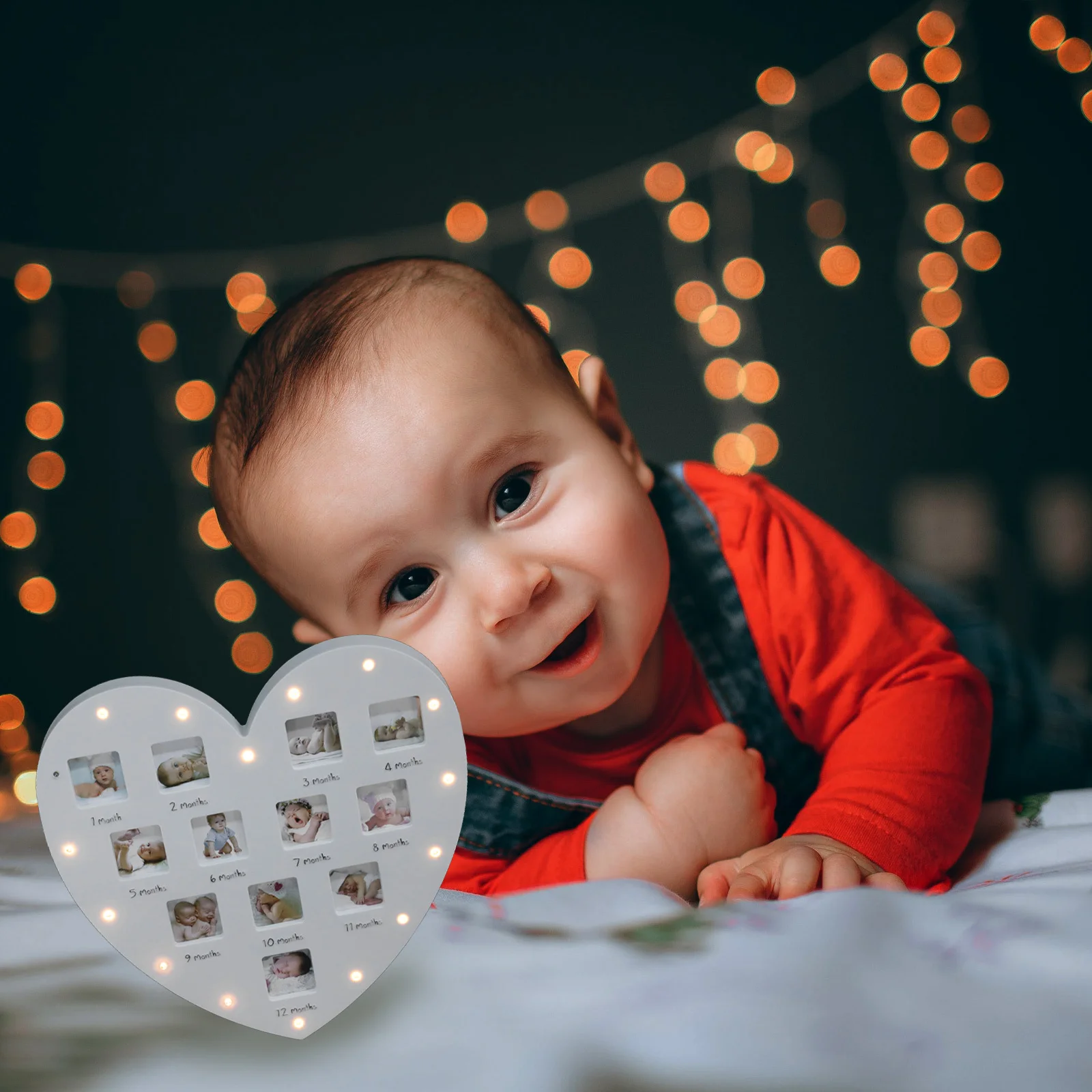 

1Pcs Baby Growth Record Photo Frame Heart Shape 12 Month Hanging Luminous Picture Frame Newborn Infant Decoration