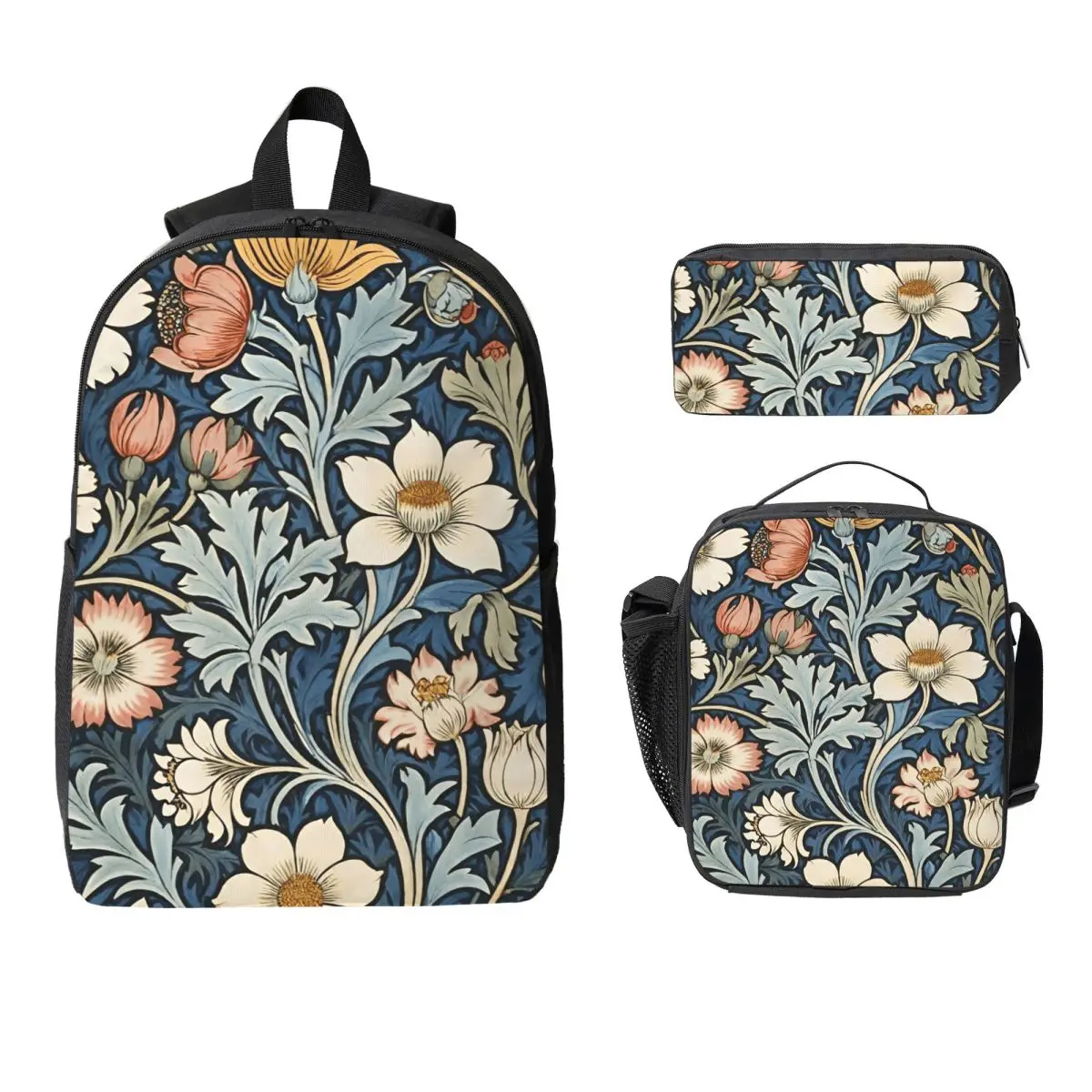 Sac à dos William Morris Botanical Bliss encadré, sac d'école, sac à bandoulière pour ordinateur, sac à déjeuner isotherme 3 pièces, trousse à crayons