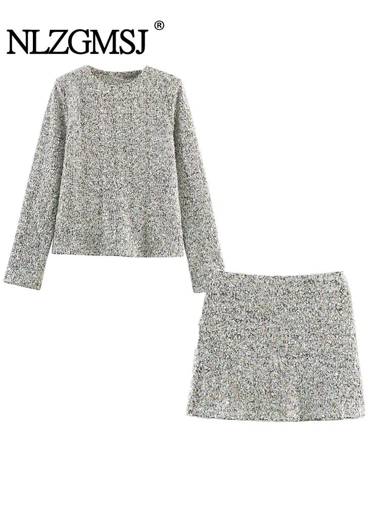 NLZGMSJ Funkelnde Pailletten Frauen Sets 2023 Herbst Oansatz Langarm T-shirts Crop Top Mini Rock Anzüge 2 stück Set Y2K