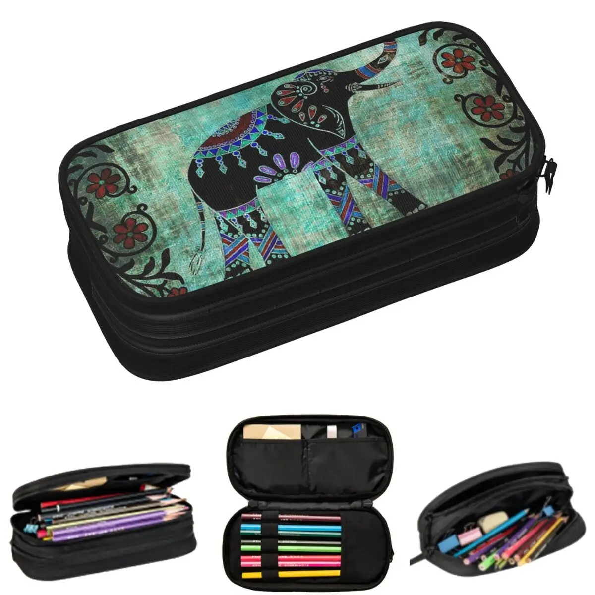 

Cartoon National Style Elephant And Henna Art Pencil Cases for Student Gifts Pen Box Pencil Bag Large Capacity Pencil Pouch