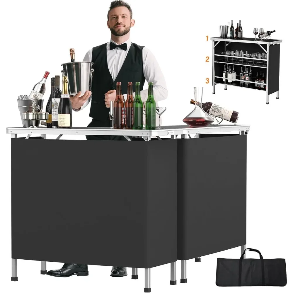 43 Portable Bar Table, 3-Tier Shelves, Mobile Bar Table for Events, Party, Camping, Picnic, Tradeshow, Indoor with Black