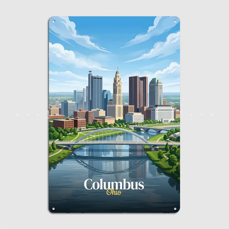 Columbus Ohio Skyline with River Metal Custom Sign Living Room Wall Indoor Decor Room Decoration Bedroom Posters Home Decor
