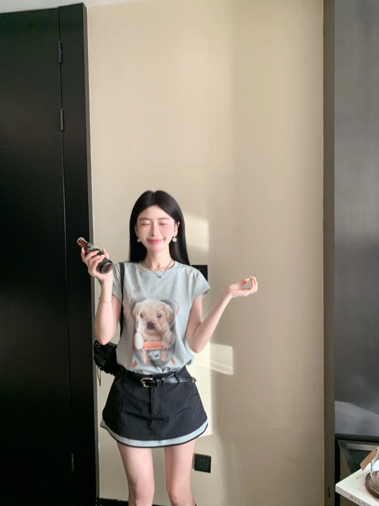 

Mao Ni Soft Cute Doggies Printed T-Shirt And Half Skirt Set with Belt Casual Fashion Women's Clothing Summer Breathable Cotton