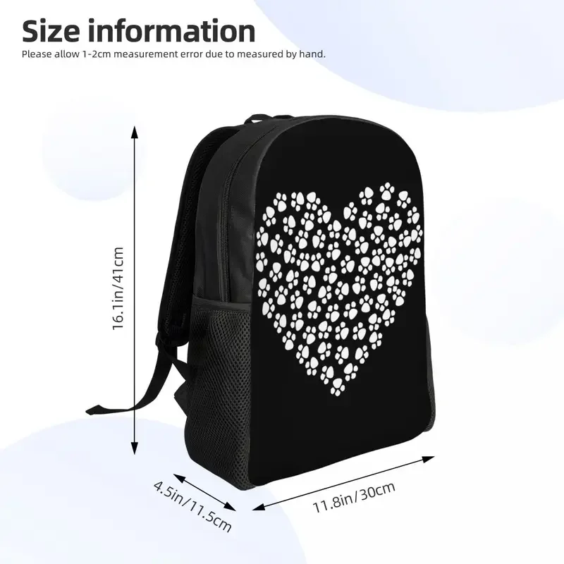 Mochila impermeable con estampado de pata de perro y corazón para hombre y mujer, morral escolar con estampado de animales, color blanco