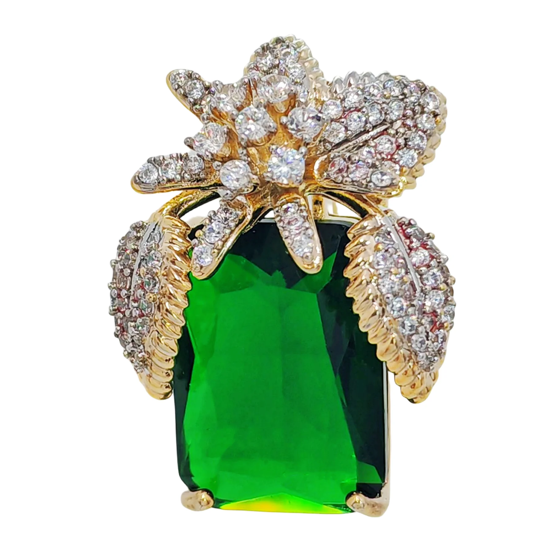 

Vase-Shaped Brooch with Gold Tone Flower Design – Transparent Simulated Zircon Stamen and Green Square Center Stone