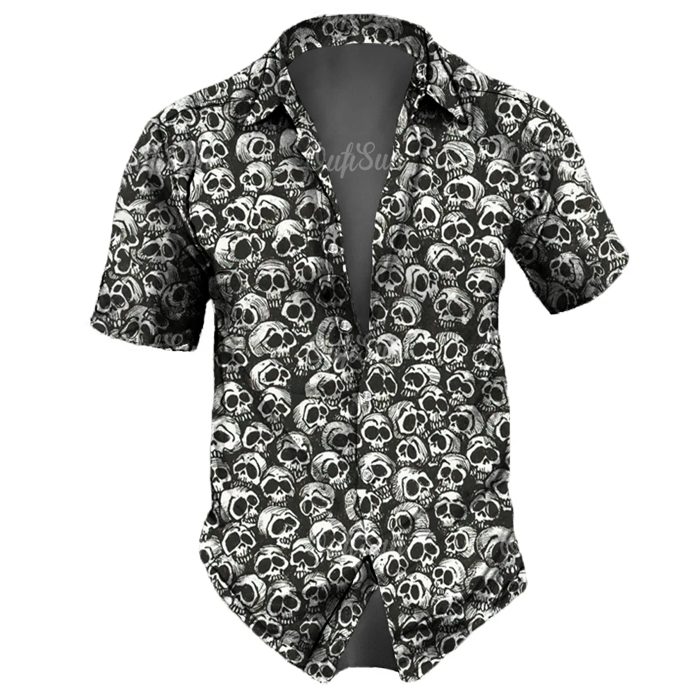 Skull Lapel Men'S Shirts Horror 3d Print Casual Hawaiian Shirts Man Retro Shirt For Man Street Button Short Sleeves Male Clothes