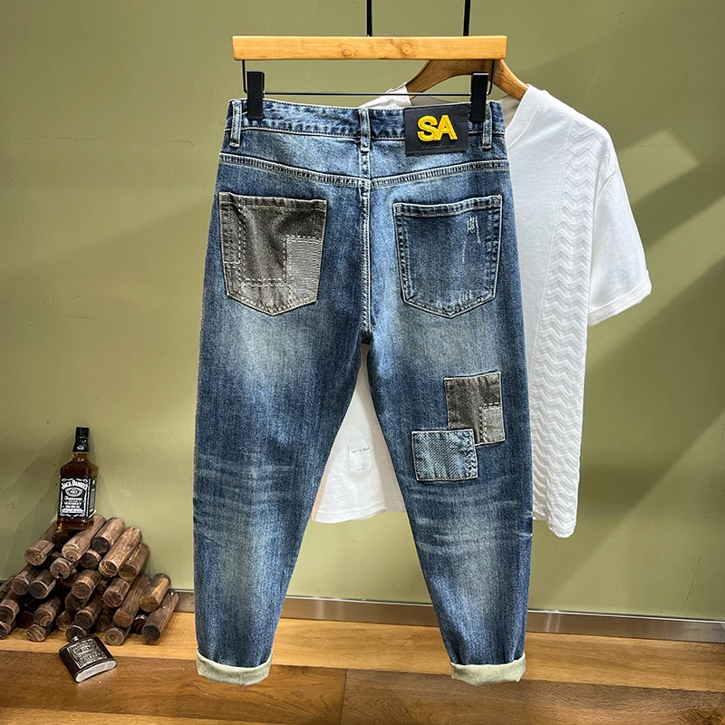 

TC3027 Брендовые джинсы High Street Tide, мужские узкие брюки с нашивкой, маленькие прямые брюки, красивая банда с тяжелой вышивкой