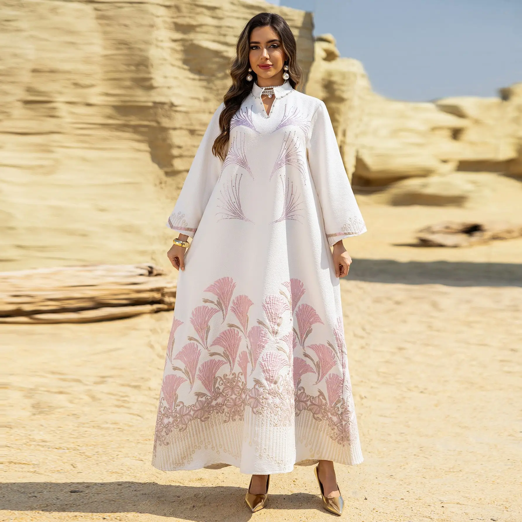 

Eid Muslim Women Maxi Dress Jacquard Diamonds Abaya Dubai Turkey Arab Robe Kaftan Ramadan Jalabiya Caftan Party Dresses Vestidos