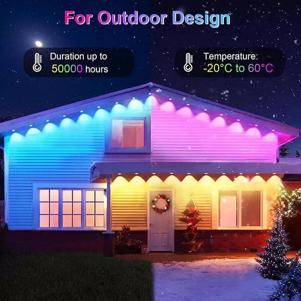 12/15M Permanent Outdoor Lights APP Bluetooth RGB Light Strip Waterproof Full House Eaves Lights String Christmas Wedding Lighti