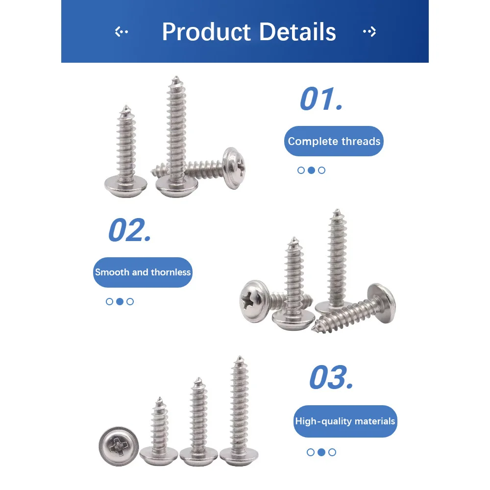 200pcs Premium Nickel Plated Iron Pan Head Self-Tapping Screws with Washer Cross Pointed Tail M1.2-M4 Round Head Screws Fixing.