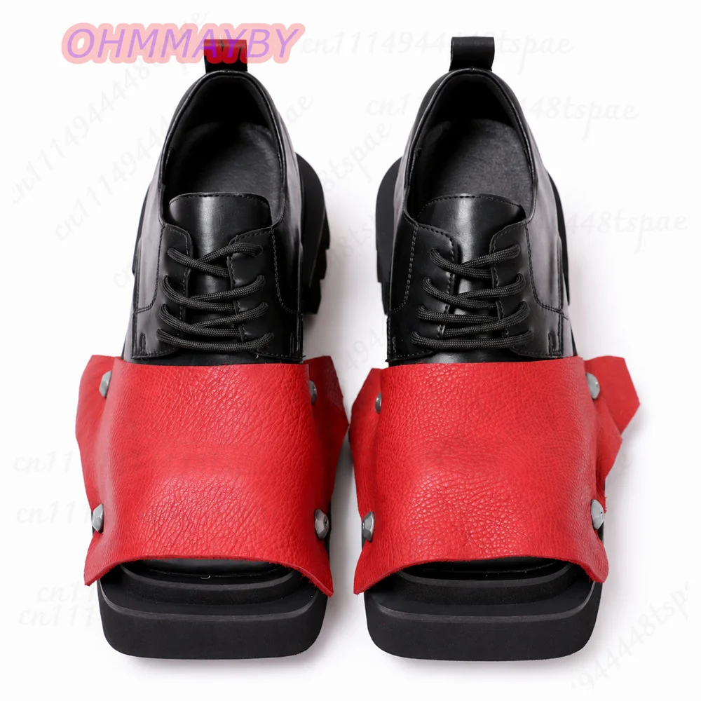 Women Black Red Patchwork Platform Derby Shoes Square Toe Lace Up Chunky Lug Sole Red Toe Cap Punk Gothic Alternative Streetwear