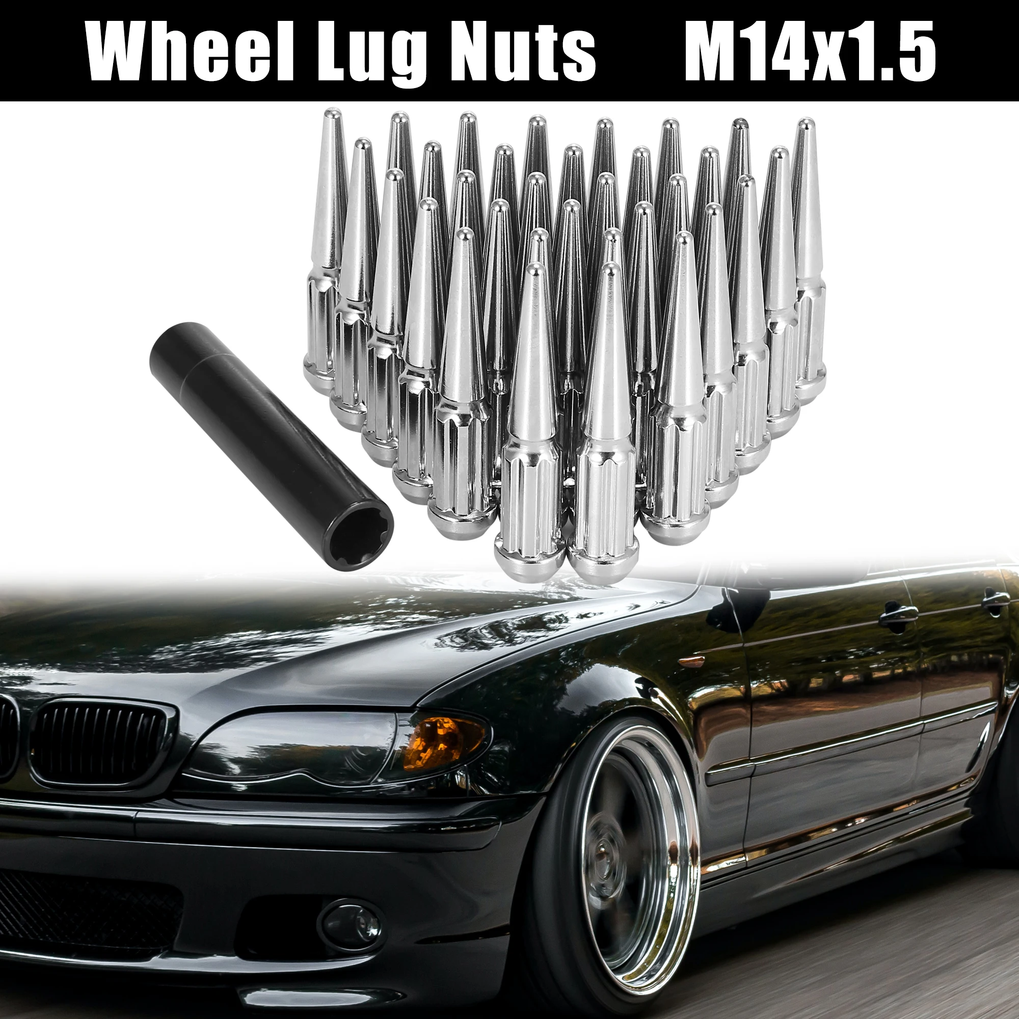 

X Autohaux 32pcs M14x1.5 Wheel Spike Lug Nuts Chrome Plated 4.4" Tall for Chevy Silverado 1500 2500 3500 for Ford F-150 F-250