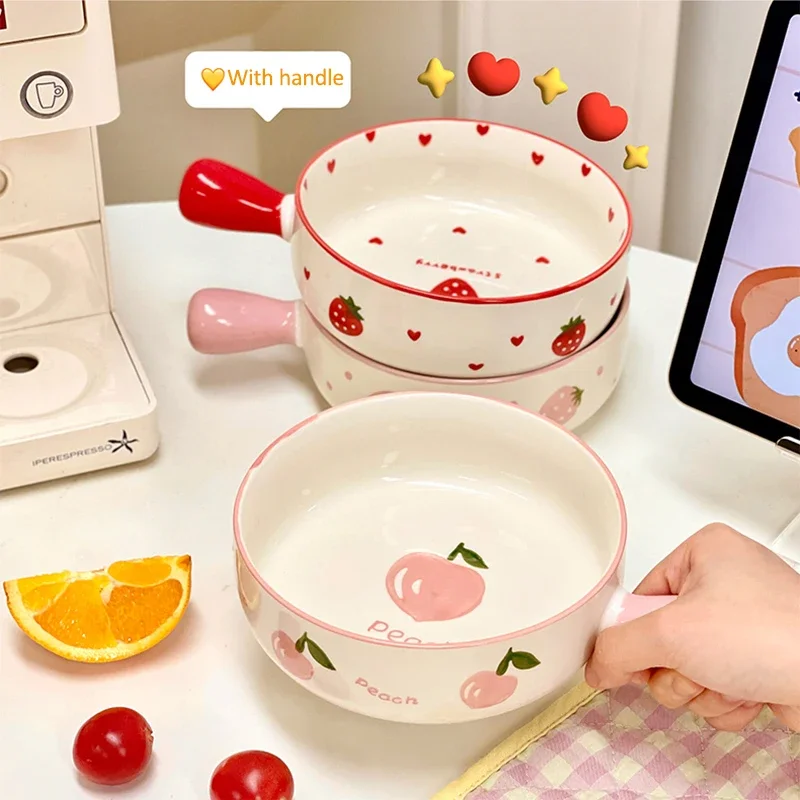 Cute Strawberry Peach Bowl Plate Kitchen Bowl with Handle Tableware Gift for Kids Girl Women Ceramic Fruit  Salad Noodle Ramen