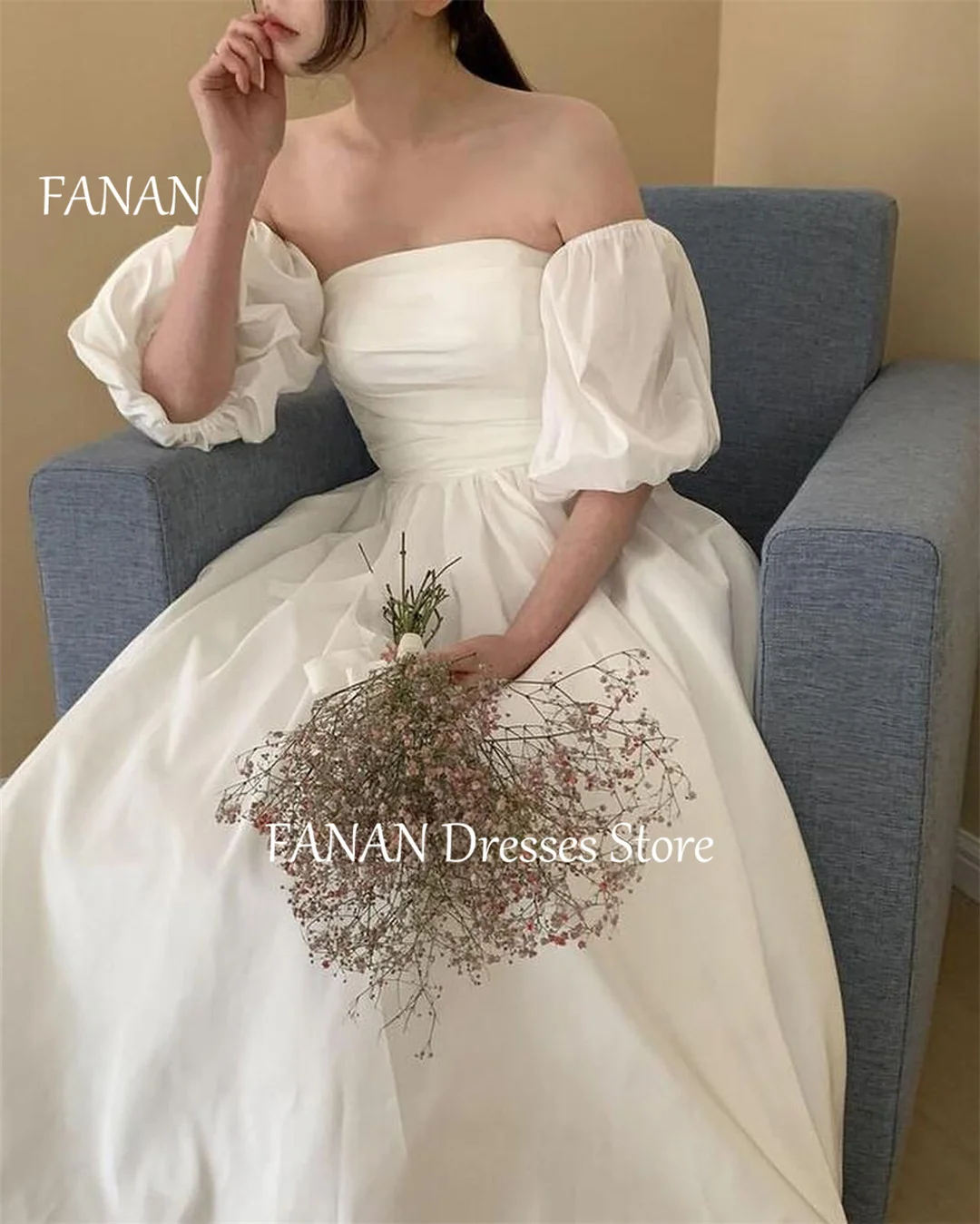 Fanan ชุดแต่งงานสไตล์เกาหลีแบบไม่มีสายหนังสไตล์วินเทจเดรสแขนพองลาย Taffeta ร้องคาราโอเกะและซาตินสีงาช้างออกแบบได้ตามต้องการสำหรับเจ้าสาวขนาดพิเศษ