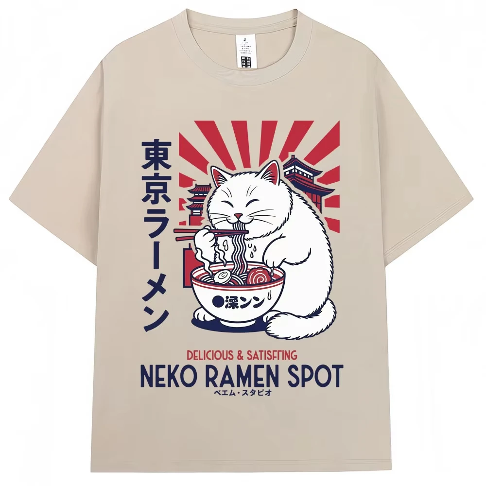 Japanese Style Tokyo Ramen Cat Graphic T Shirts Men Women Fashion Harajuku T-shirts Oversized Cotton Casual T-shirt Streetwear