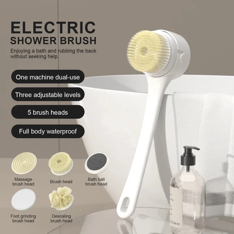 Multifunctional Shower Cleaning Rechargeable Electric Bath Brush 5 Heads Spinning Waterproof Long Handle Back Rubbing 3 Gear Spa