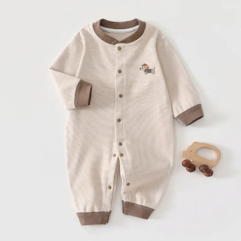 

Newborn Baby Cartoon Dog Long Sleeve Jumpsuit Stripe Silk Cashmere Climbing Clothes Suitable for Versatile Girls Boys Bodysuit