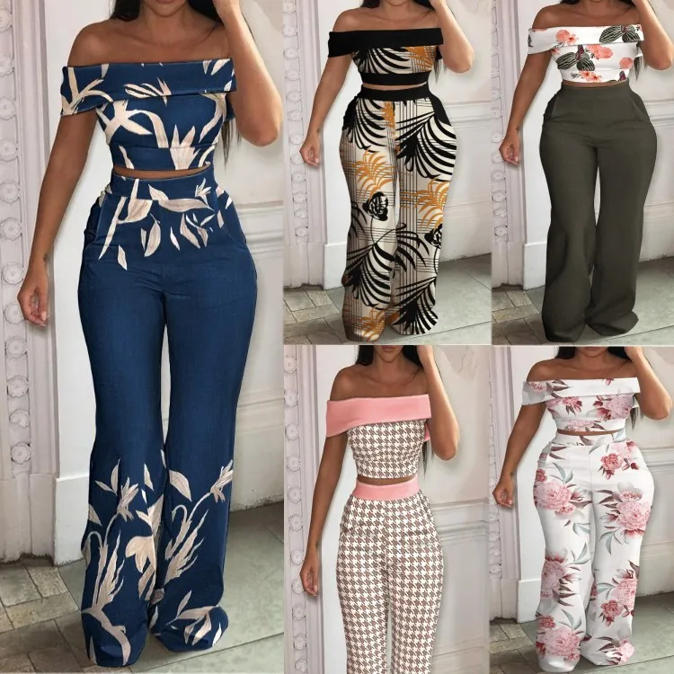 

Summer New Women's Printed Off Shoulder Sexy Short Sleeve Short Top and High Waist Wide Leg Pants Set Female Lady Suits