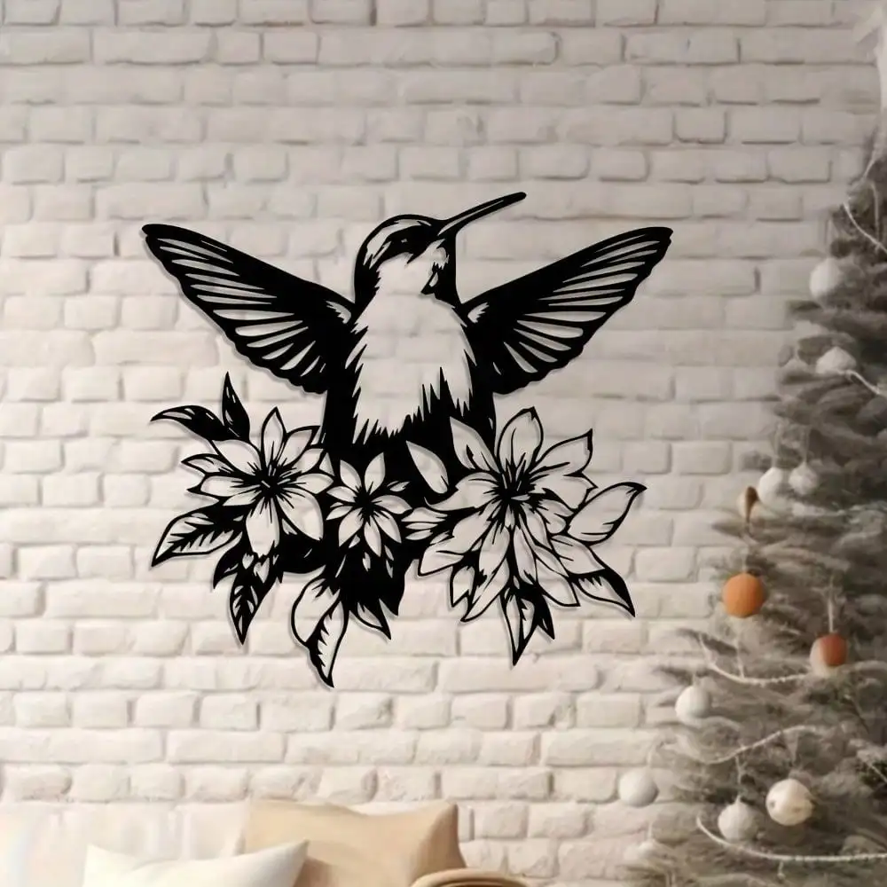 CIFbuy Hummingbird Flower Metal Wall Art Weather Resistant Iron Sculpture Mural For Indoor Outdoor Fence Patio Garden Decor