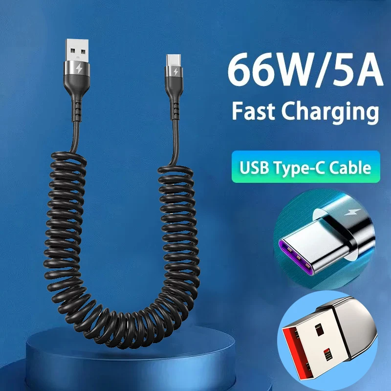 66W 5A Fast Charging Type C Cable Spring Telescopic Car Phone Charger USB Cable For Samsung Xiaomi Huawei USB C Cable