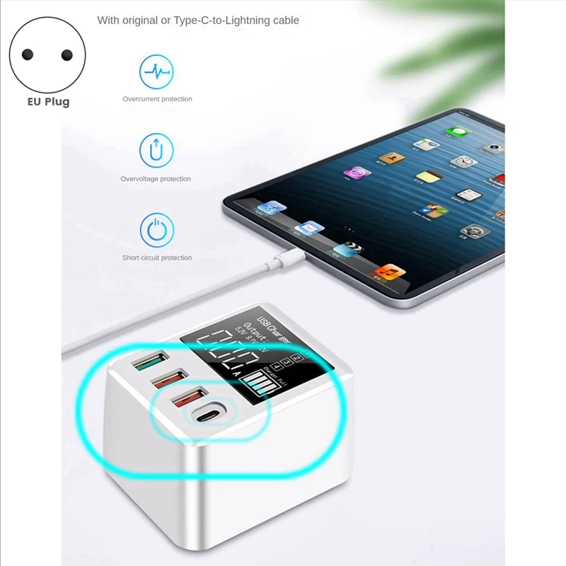 4 Port Fast Charging USB Smart Identification Display Charger Parts White Fast Charging QC3.0/PD20W EU Plug