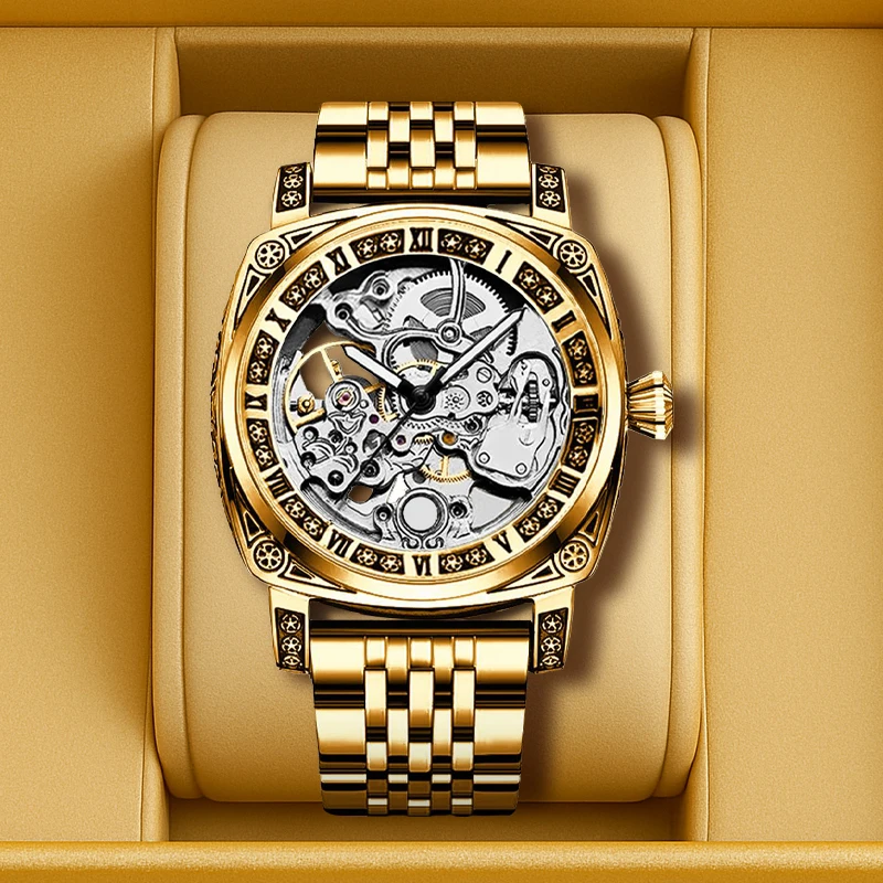 

A men's luxury business gold steel strap automatic mechanical watch with intricate carvings and a tourbillon.