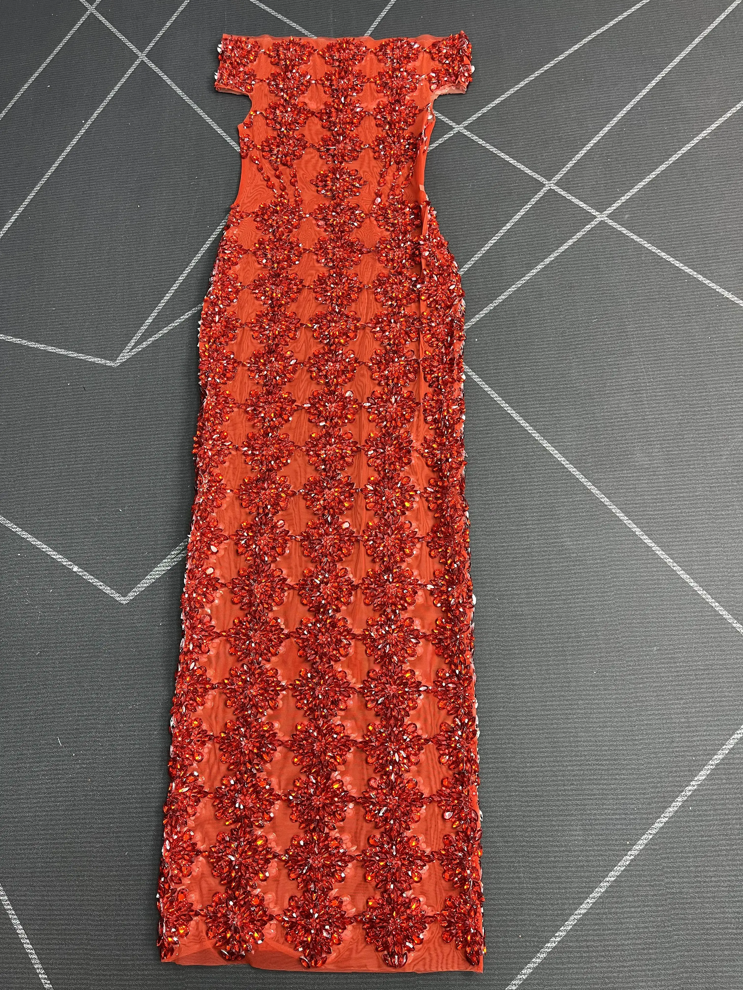 High Quality Elegant Off Shoulder Gown Twinkling Rhinestones Mesh Dress Evening Party Celebrate Red carpet Stage Outfit Yuebing