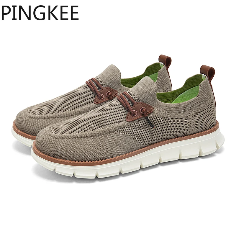 PINGKEE sepatu pantofel rajut jala, Sneaker kasual atas ringan untuk pria, desain Slip on tahan lama, sol luar MD