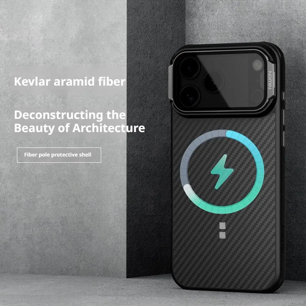 

For iPhone 17 Pro Series Kevlar Magnetic Phone Case Transparent Mirror Cover Bracket Rear Cover