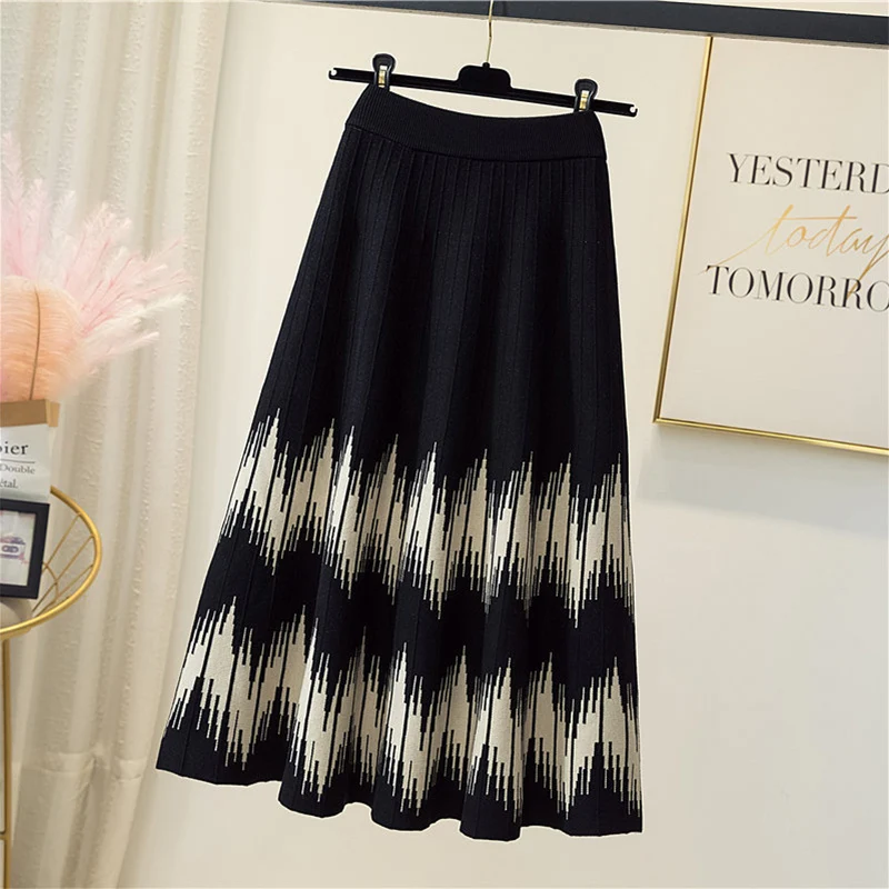

Geometric Pattern Knitted Skirts Women Chic Mix Color High Waist Skirts Woman Autumn Winter Soft Sweater A-Line Skirt Female