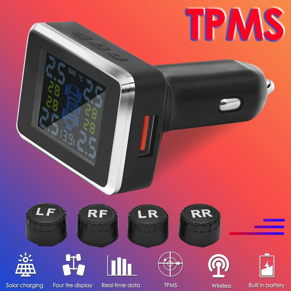 

Car TPMS Cigarette Lighter Wireless Car Tire Pressure Monitoring System with 4 External Sensors Tyre Temperature Warning Alarm