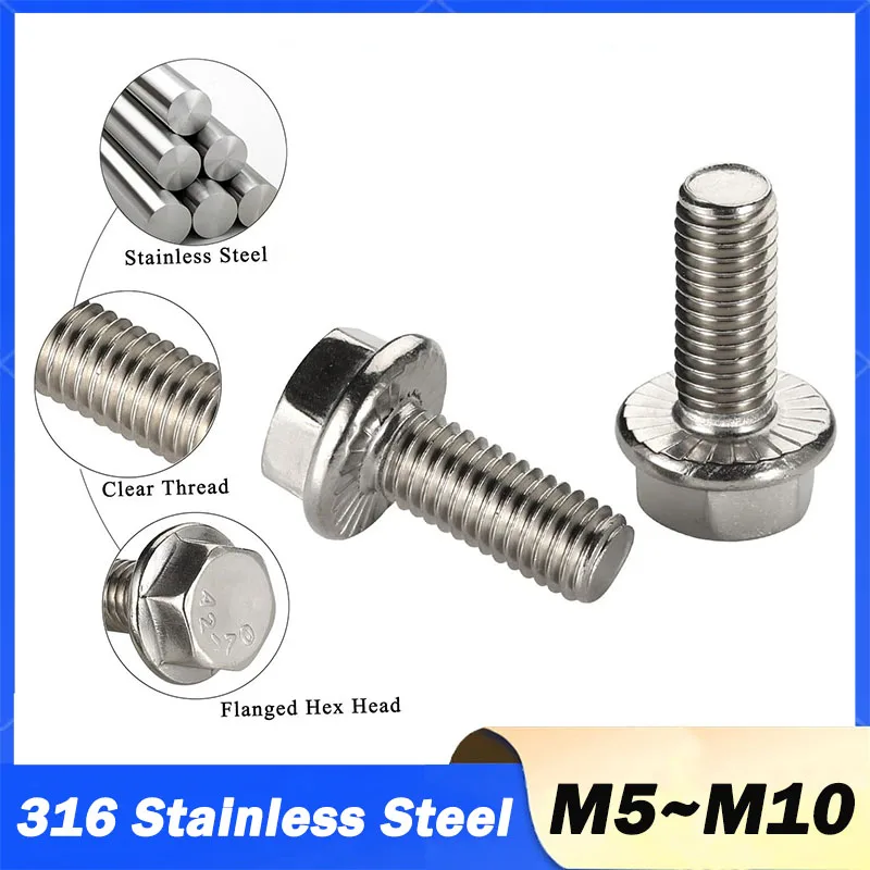 3/5/10/20pcs A2-70 316 Stainless Steel Hex Flange Bolt Hexagon Washer Head With Serrated Flange Cap Screw M5~M10 Length:8-50mm