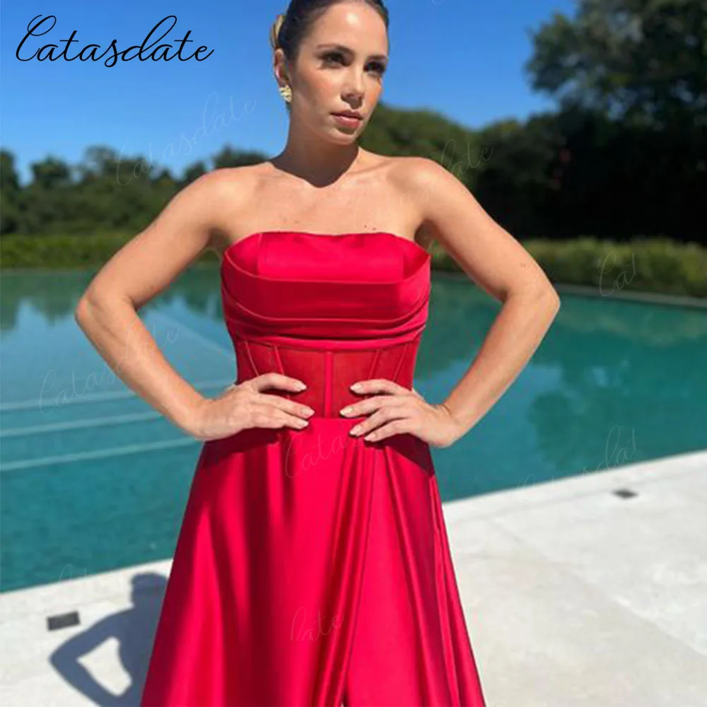 Catasdate Red Evening Dress Strapless Party Dresses for Women Formal Wedding Prom Dress vestidos de noche