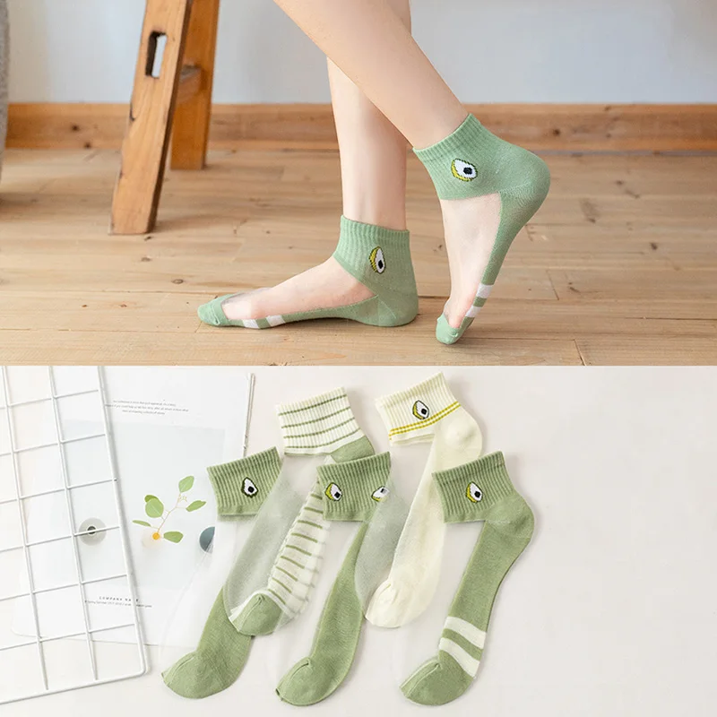 

10pcs=5 Pairs Transparent Silk Womens Socks Summer Thin Ankle Short Sock Japanese Style Green Avocado Cute Girl Meias Calcetines