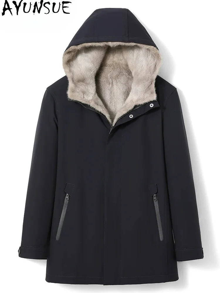 AYUNSUE Natural Mink Fur Coat Men Winter Jacket for Man Clothing Mid-length Parka Patchwork Mink Sleeve Lining Hoodie Loose Fit