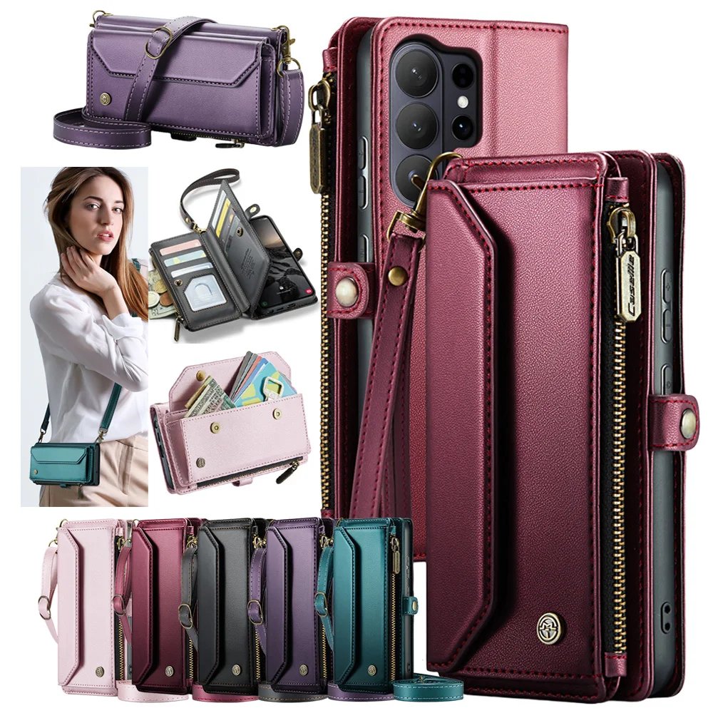 

Zipper Leather Wallet Case for Samsung Galaxy S26 S25 Ultra S24 Plus S23 FE S22 S25U S26U Lanyard Stand Shell Phone Cover Bag