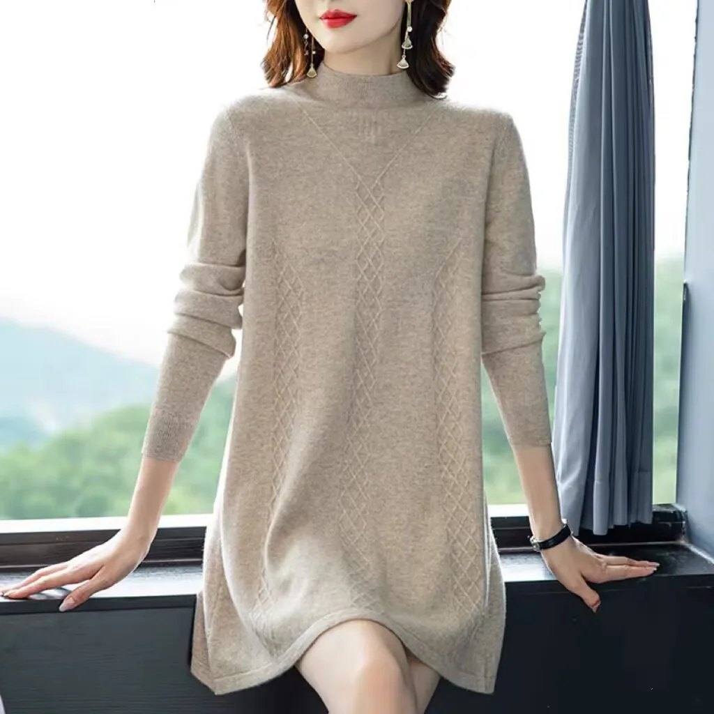 

New Female Fashion Knit Pullover Sweater Korean Ladies Loose Sweater Autumn Winter Women Leisure Half High Collar Knitted Dress