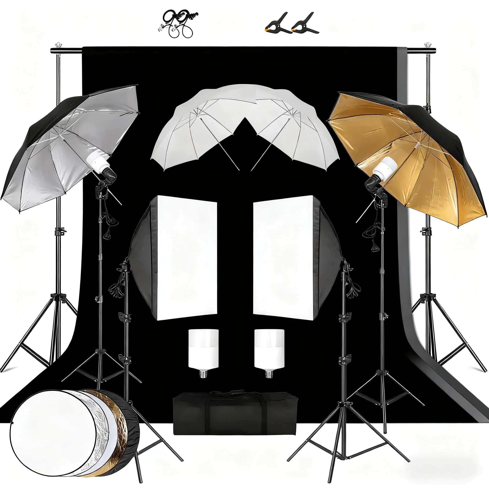 Photography Photo Studio Softbox Lighting Kit With 2.6x3M Background Frame3pcs Backdrops Tripod Stand Reflector Board 4Umbrella