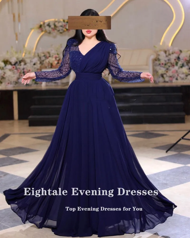 Eightale Arabic Wedding Evening Dress V-Neck Sequin Chiffon Prom Party Gowns Long Sleeves Customized Side Slit Robes de soirée