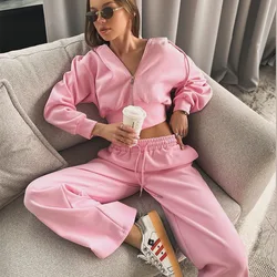 Women's Sports Suit Zipper Hoodie Crop Top Long Pant Set Solid Two-piece Set Sporty Womens 2 Piece Outfit Set Trouser Suits