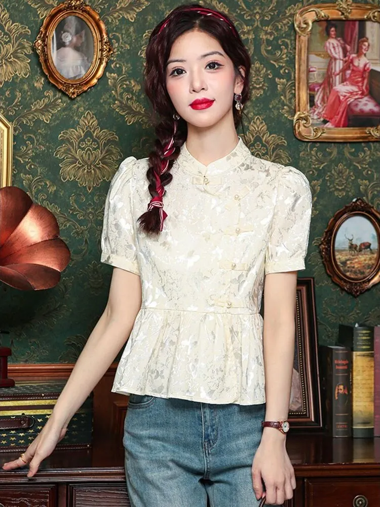 

Faionable ort Sve Chinese Sle irt Women's Slim Fit Polyester Fabric Summer New Sle Ele Waist-Cinching Top