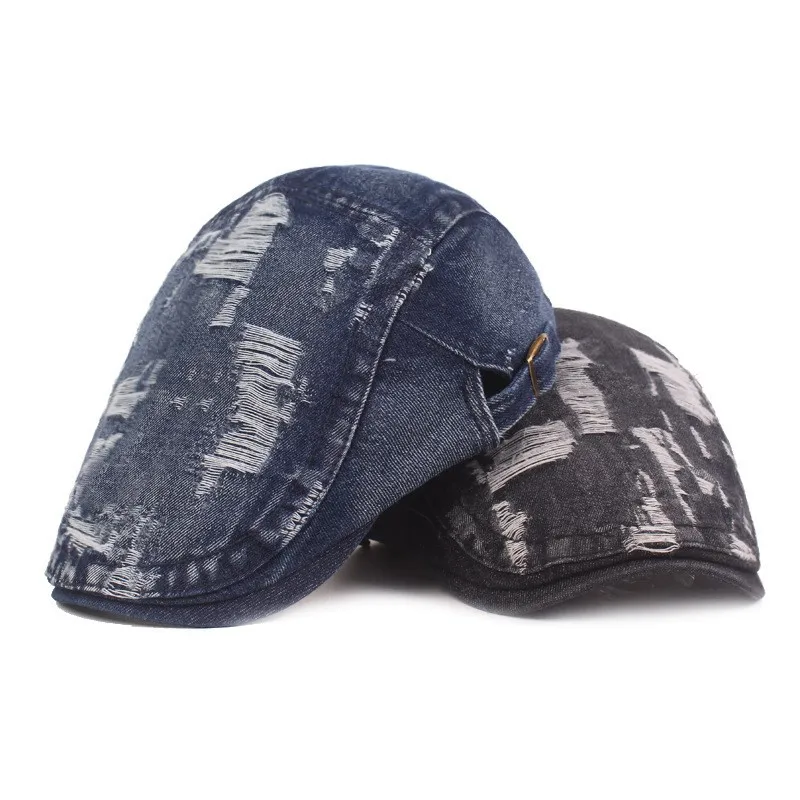 1piece New Spring Autumn Denim Beret Hats Men Women Cotton Hole Berets Newsboy Flat Cabbie Driving Cap Vintage Distressed Gorras