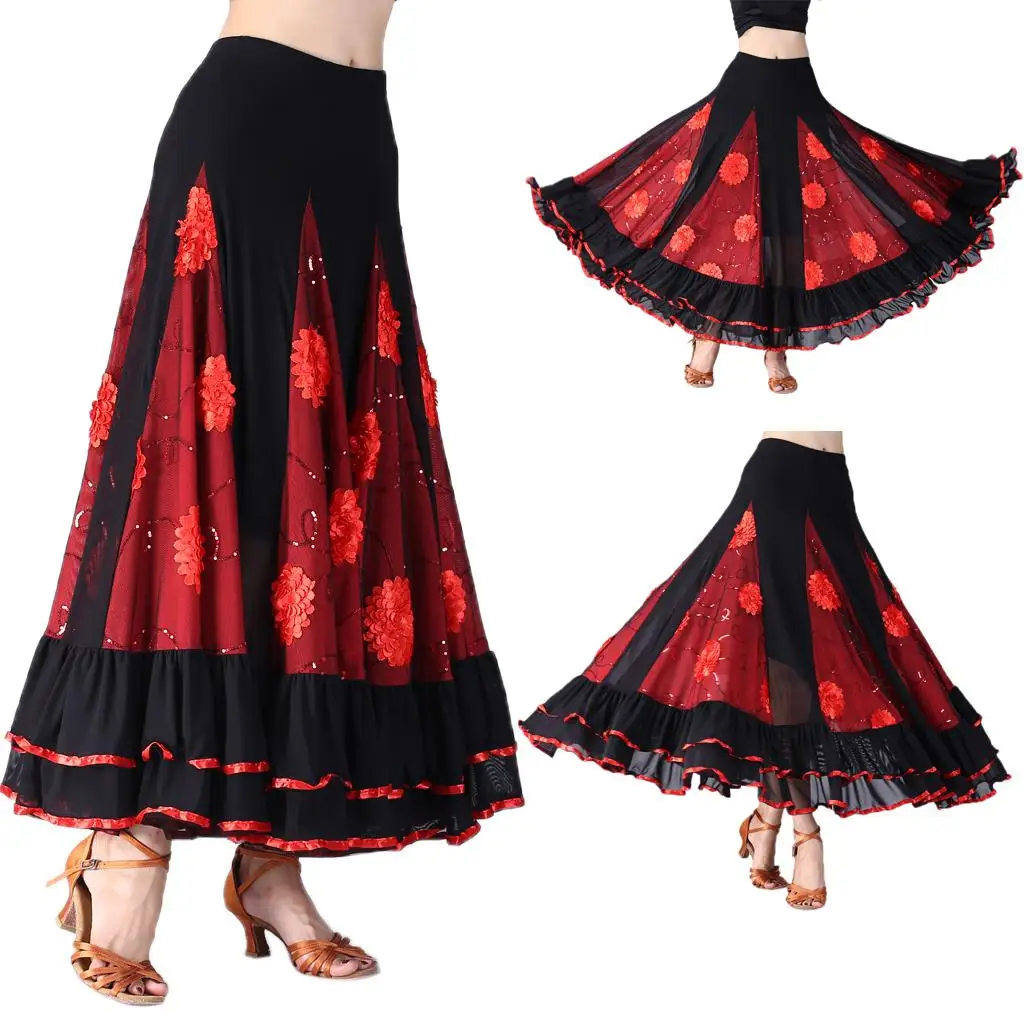 Flamenco Dress Mesh Embroidered Latin Swing Skirt Ballroom Dancewear for Stage Show and Special Events