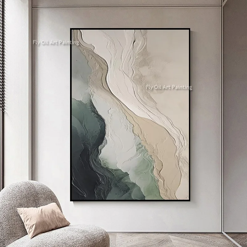 Oversized Hand‑Crafted Mark Rothko Style Green Beige Thick Canvas Wall Art River Flow Abstract Oil Painting For Room Decor