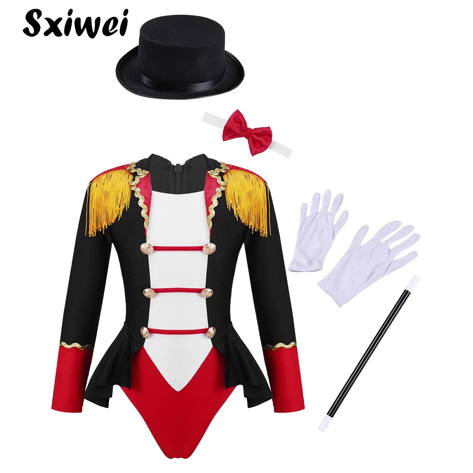 Kids Girls Circus Costume Set Long Sleeve Tassel Ringmaster Leotard Jumpsuit with Magic Wand Gloves Halloween Magician Dress Up
