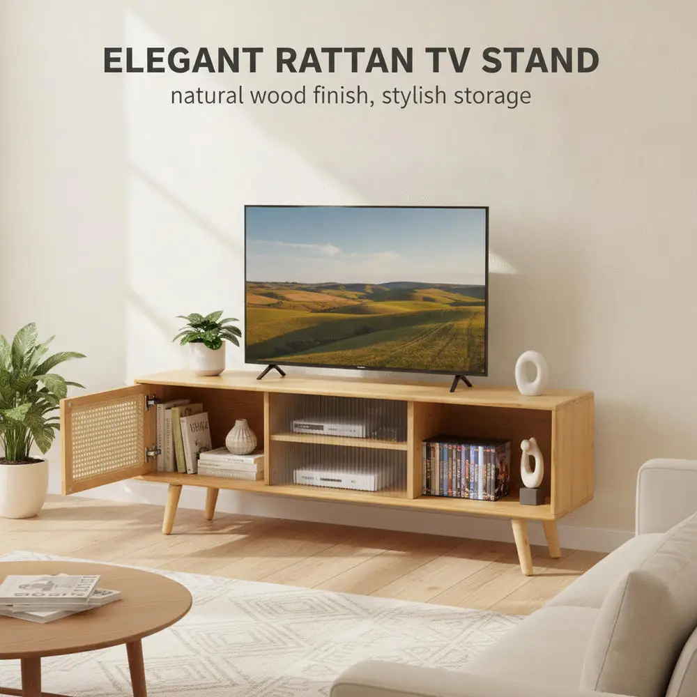 Moderner TV-Ständer mit Rattan-Glasschiebetüren, Naturfarben
