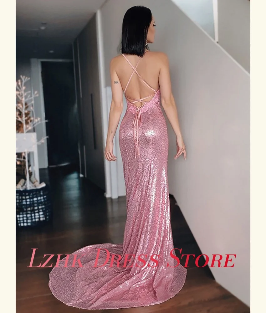 Personalizado de luxo lantejoulas apliques sereia cintas espaguete vestido noite alta qualidade querida sem mangas vestidos festa