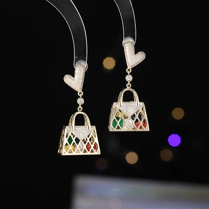 

New Niche Design Versatile Fashion Colorful Three-Dimensional Bag Earrings S925 Silver Needle Zirconia Ear Jew