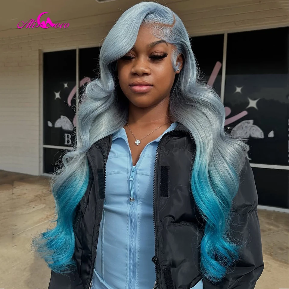 

Ombre Grey Sky Blue Transparent 13x4 13X6 Lace Front Human Hair Wigs PrePlucked 613 Colored 180 Density Body Wave Wigs for Women